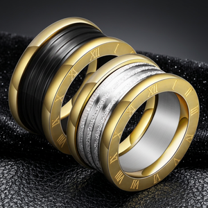Stainless Steel Gold Steel Black 11mm Two Tone Geometric Shape Cable <b>Ring</b> with Roman Numerals for <b>Men</b> Gift Jewelry - Product Image 1