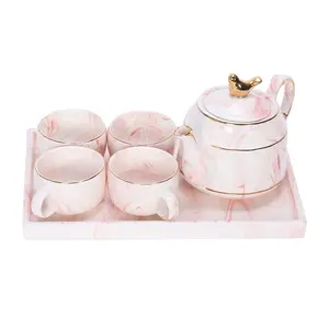 Elegant Coffee Ware 6 Pieces New Bone China Coffee 4 Cups Saucers Tea Pot Pink Grey Marble Ceramic Coffee Tea Set