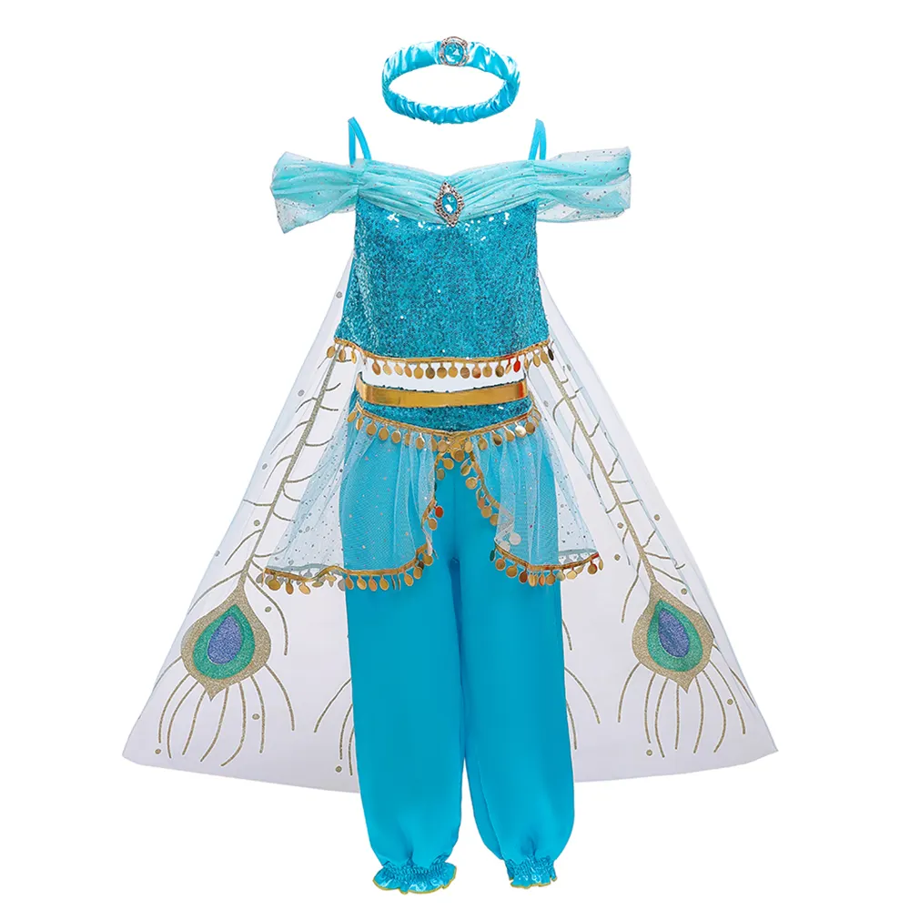 MQATZ Halloween Princesse Jasmine Fille Pantalon Long avec Cape Enfants Princesse Fantaisie Costume BX1638