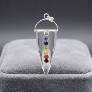 Teardrop-Shaped Carved Etched Crystal Pendulum with Inlaid Chakra Stones Reiki Theme <b>Silver</b> <b>Top</b> From Gujarat - Product Image 3