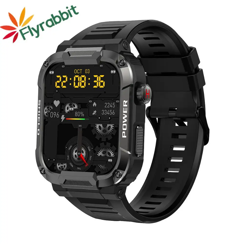 Flyrabbit Rugged Smart Watch Men for Android IOS Ftiness Watches Ip68防水1.9インチAIボイスBluetoothコールスマートウォッチ2024