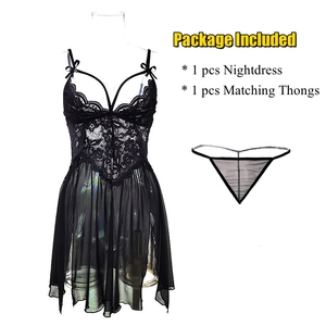 Conjunto de Lencería Sexy para Mujer, Estilo Exótico, Camisón con Abertura Lateral de Encaje y Escote en V + Tanga a Juego, Talla Grande, Pijama Sexy - Product Image 4