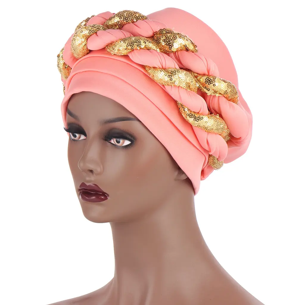 Bán Hot Châu Phi Hồi Giáo Khăn Rắn Mềm Hijab Turban Không Gian Cap Phụ Nữ Ruffle Hóa Trị Sequins Twist Head Quấn Khăn Quàng