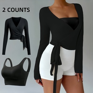 Ensemble de yoga 2 pièces respirant pour femme : haut court à manches longues avec lien sur le devant, soutien-gorge de sport et leggings taille haute pour la gym et l'entraînement - Product Image 1