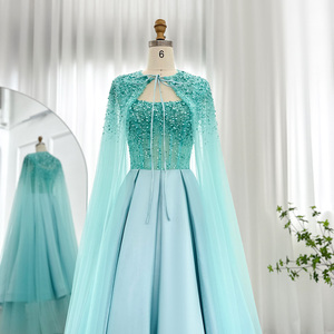 Vestido de Noche Largo con Pliegues y Plumas con Diseño 3D de Perlas y Cuentas para Mujer, Elegante, con Chal, para Fiestas Formales, Modelo SCZ138 - Product Image 3