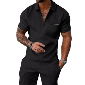 Men's Navy Blue Polo Shirt <b>Set</b> Short Sleeve Solid Color <b>Knitted</b> Breathable Casual Summer Wear Breathable Lightweight - Product Image 3