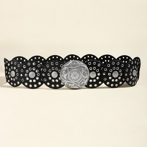 Vente en gros Rétro Punk Grand Rond Rivet Trou <span class=keywords><strong>Ceinture</strong></span> en cuir PU Dames Exagéré Large <span class=keywords><strong>Ceinture</strong></span> en cuir creuse en métal - Product Image 2