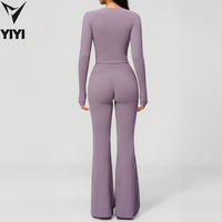 Ensemble de vêtements de sport décontractés pour la course en plein air, taille haute, col en V, manches longues, pour la gym, le yoga, le pilates, 2 pièces