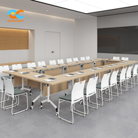 Table de séminaire pliante pour revendeurs, panneau imitation bois, cadre blanc, roulettes, emboîtable, pour salles de réunion, salles de formation, salles de classe, bureaux
