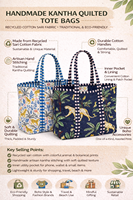 Sac fourre-tout en coton 100% fait main par Conifer, matelassé Kantha, fabriqué à partir de tissu de sari recyclé, imprimés géométriques, poignées en ruban long.