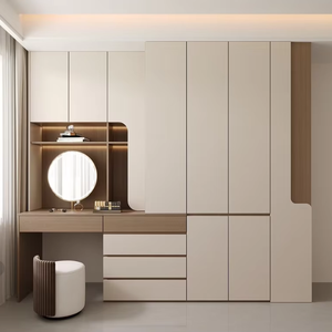 Ensemble de meubles de chambre moderne : Armoire penderie avec portes en grain de bois mat et miroir, coiffeuse LED - Product Image 1