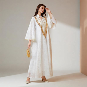 Abito da Festa Elegante in Poliestere con Paillettes Floreali Lunghezza Caviglia Abaya di Lusso per Donne Musulmane Vestito Lungo Arabo Saudita - Product Image 2