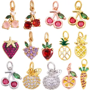 Mini Cute Colourful Zircon Cherry Strawberry Grape Fruit Charm Pendant,18K Gold Plated Brass Necklace Jewelry Findings M34