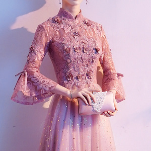 Pink Evening Gown Women Empire Waist Stand Neckline Long Sleeve Sparkle Tulle Wedding Party Dress 2026 Spring Style - Product Image 2