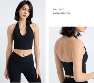 Débardeur de sport côtelé pour femme, col halter, décolleté plongeant en V, extensible, séchage rapide, avec coussinets amovibles, pour fitness et yoga, sans manches, coupe courte - Product Image 4