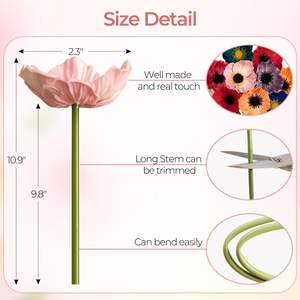 Fleur artificielle de pavot-anémone à tige, fleur de pavot-anémone réaliste, centre rouge et noir, pour décoration - Product Image 4