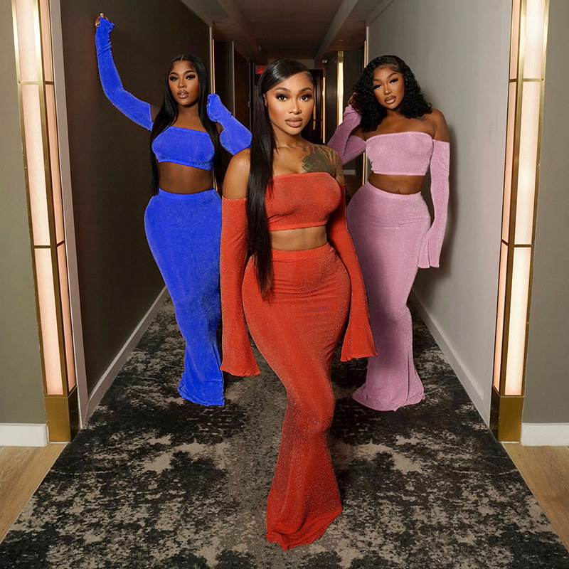 sachin and babi light blue dress Bateau Crop Tops Long Satin A-Line Skirt 2 Piece Set Black Prom Dress main image 0