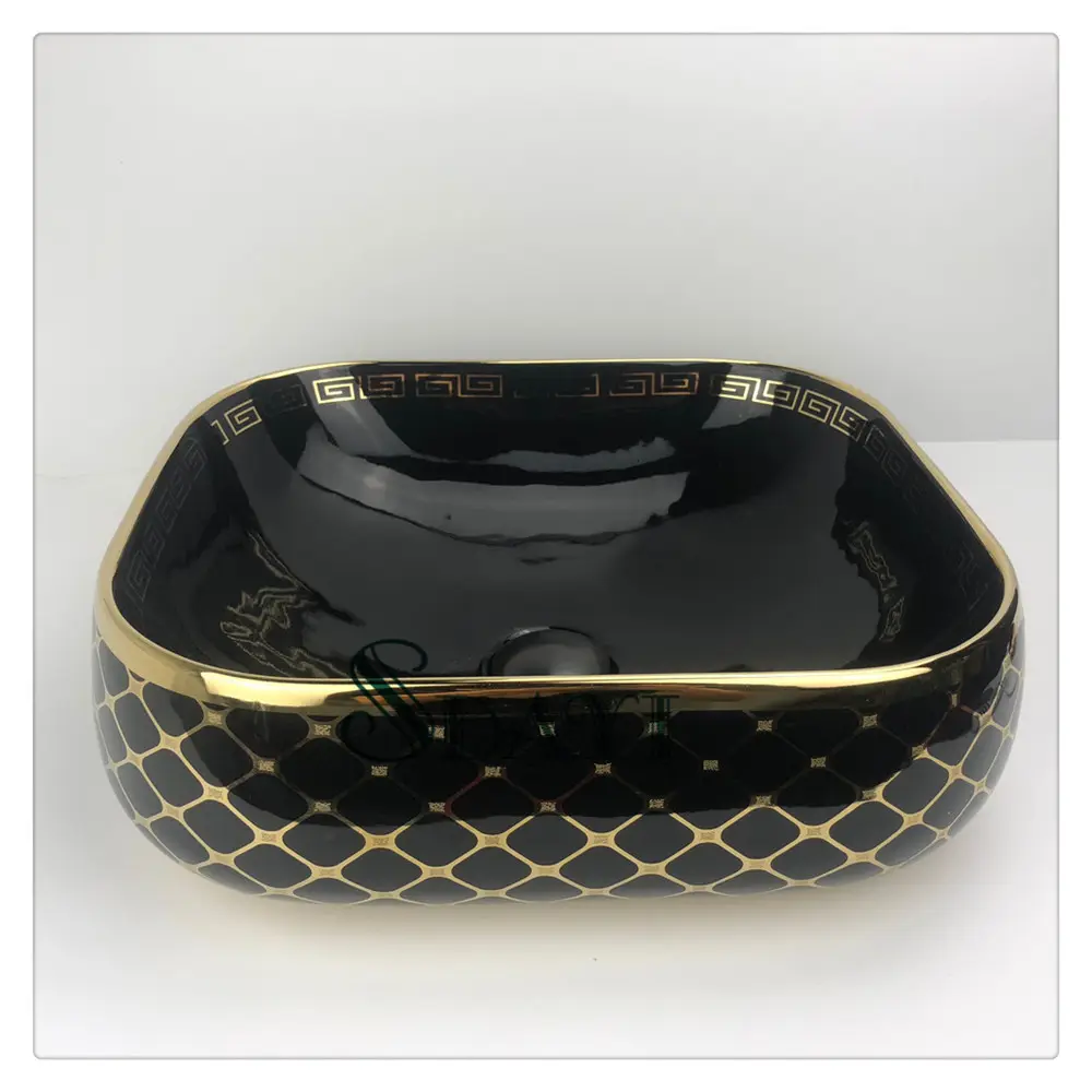 เซรามิคสีดำและทองสีออกแบบอ่างล้างหน้าอ่างล้างหน้าอ่างล้างหน้า Luxury Gold Art อ่างล้างหน้า