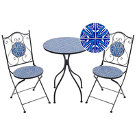 Ensemble de salle à manger d'extérieur moderne pliable en fer pour balcon d'appartement, motif mosaïque noir/bleu, 2 chaises, 1 table