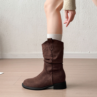 Bottes mi-mollet souples pour femmes, bout rond, talon carré, en daim, coupe en V, avec languette à replier, style western, 3 couleurs