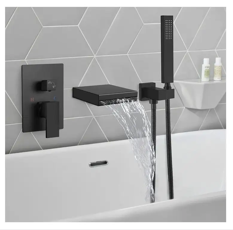 Black Brass waterfall basin bathtub shower faucet with concealed control valve