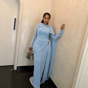 Abito da sera <span class=keywords><strong>lungo</strong></span> da donna in cashmere di lusso, modello A-line, estivo, <span class=keywords><strong>con</strong></span> bottoni e collo a <span class=keywords><strong>mezza</strong></span> collo, a maniche lunghe - Product Image 1