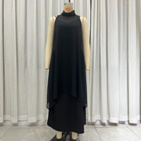 Ensemble deux pièces d'été décontracté et élégant de style français, noir, col montant, sans manches, avec empiècements en maille, effet superposé