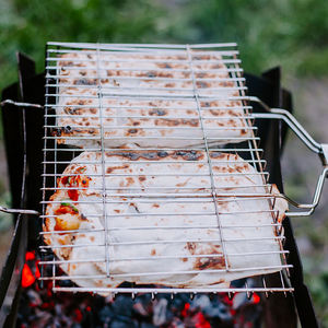Yuking Polished Stainless Steel Charcoal <b>BBQ</b> Grill Basket Wood Handle Non-Stick Wire Mesh Foldable Portable Camping Cooking <b>Rack</b> - Product Image 4