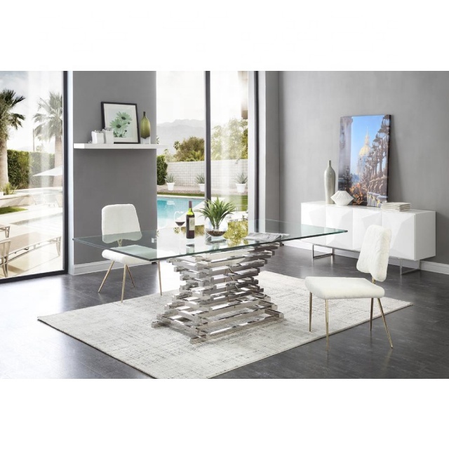 Modern Rectangular Glass Dining Table with 4 Chairs Luxury Silver Stainless Steel Home Furniture & Hotel Use