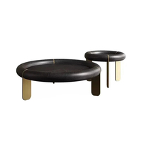 Table basse ronde en bois noir de design italien, ensemble de tables gigognes de luxe avec bord rembourré, mobilier de salon pour villa et hôtel