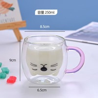 Yafan 250ml Tasse à café créative en verre borosilicate avec poignée motif chaton, transparente, à double paroi, pour boissons et thé au lait