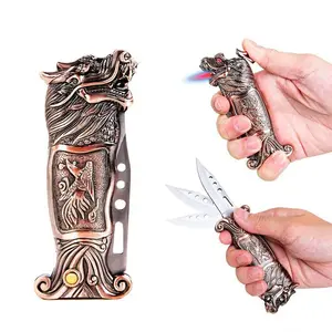 Creative Dragon Head Carving Craft Gas Lighter Red Windproof Refillable Cigarette Lighter With Knife For Men Smoking