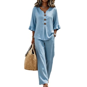 Women's Casual <b>Linen</b> Two Piece <b>Set</b> V Neck Button Top Wide Leg Pants Sky Blue S M L XL XXL XXXL - Product Image 5