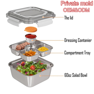 Conteneur à salade en acier inoxydable écologique OCPO HOME 60oz, plateau à vinaigrette à 3 compartiments, bols en métal imprimés en 3D, vente en gros, personnalisable - Product Image 4