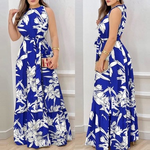 Halter Cổ Phụ nữ mùa hè A-line ăn mặc không tay cao eo Belted bãi biển ăn mặc phụ nữ mới hoa in Maxi Dress - Product Image 5