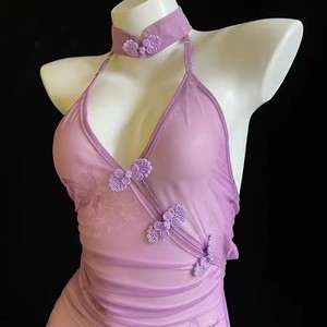 Sexy lingerie, see-through ancient style small breast strap uniform, pure and seductive purple cheongsam dress wholesale - Product Image 4