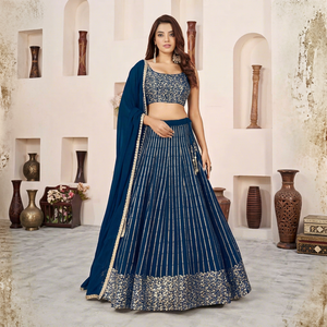 Ensemble Lehenga Choli moderne en mousseline de soie bleue à sequins, léger et brodé, style Banarasi, tenue pour femme avec dupatta, pour mariage et fête - Product Image 1
