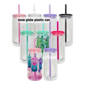 Ready to Ship 50pcs Glitter 12oz Snow Globe Plastic Can 16oz <b>Double</b> <b>Wall</b> Acrylic Snowglobe Cup Tumbler with Pre Drilled Hole - Product Image 1