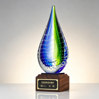 Trophée en cristal goutte d'eau avec base en bois et plaque nominative, gravure laser personnalisée pour récompenses d'entreprise, événements sportifs, trophée en cristal