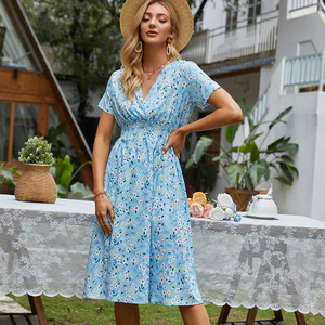 Robe d'été vintage à fleurs MOTE-ZC456, robe midi décontractée à imprimé floral pour femmes, manches courtes, col en V, robe à fleurs - Product Image 4