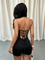 Combinaison Courte Moulante Noire Grande Taille pour Femme, Dos Nu à Lacets, Sans Bretelles, Sexy, pour Soirée et Club, Vente en Gros Personnalisée