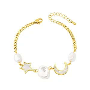 Nieuwkomers Rvs Sieraden Trendy Ster Maan Vlinder Armband Onregelmatige Witte Parel Gouden Ketting Armband Vrouwen