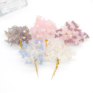 Pendentif épingle à cheveux style chinois en perles, design goutte d'eau coloré, branches de fleurs en fil de cuivre, fait main DIY, accessoire de coiffure nuptial - Product Image 3