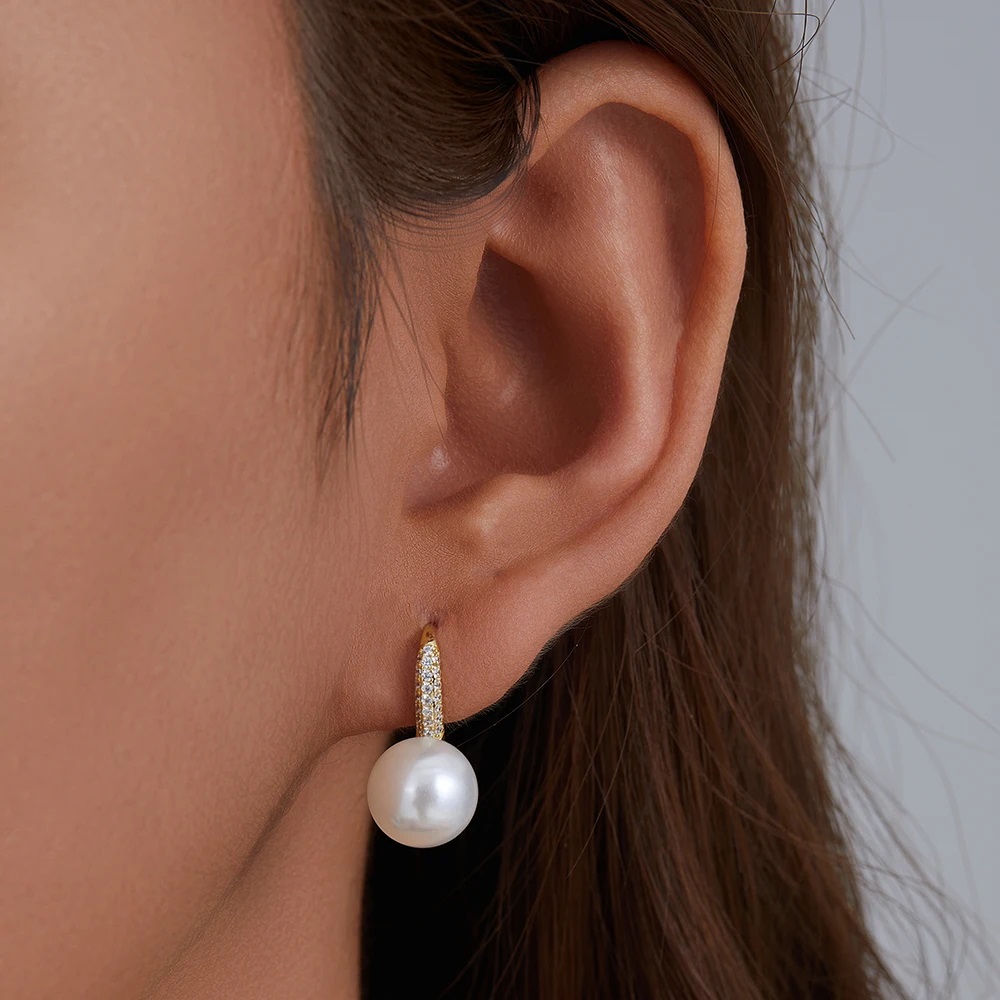 Gold Ear Tops Designs - 18k Rhinestone Cultured Pearl Earrings