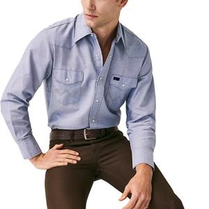 T-shirt à manches longues pour homme, style décontracté chic, col classique, avec poche, en chambray, manches à revers, style western - Product Image 1