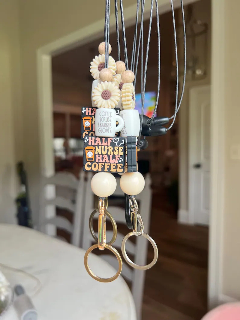 Personalized Monogram Keychain with Blank Wood Disc Color Silicone Beaded Teacher ID Necklace Lanyard Keychain Image 2