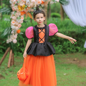 Halloween Pumpkin Costume For Girls Orange Black Puffy Long Skirt A Line Chiffon Dress Performance Wear - Product Image 2