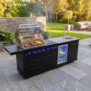 Cuisine mobile d'extérieur avec <span class=keywords><strong>plancha</strong></span> en acier, équipement de bar barbecue, îlot de cuisson portable au gaz avec évier et réfrigérateur pour jardin - Product Image 1
