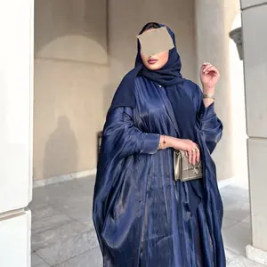 Son türkiye EID mütevazı Dubai Abaya kız Kimono müslüman kadınlar için elbise katı renk yarasa kollu saten açık Abaya Kaftan