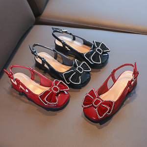 Sandalias de Princesa con Lazo de Terciopelo Borgoña para Niña Pequeña, Zapatos de Vestir con Tacón Bajo y Cristales, Sandalias con Lazo para Niña, Zapatos de Princesa para Fiesta de Bodas para Niña - Product Image 2